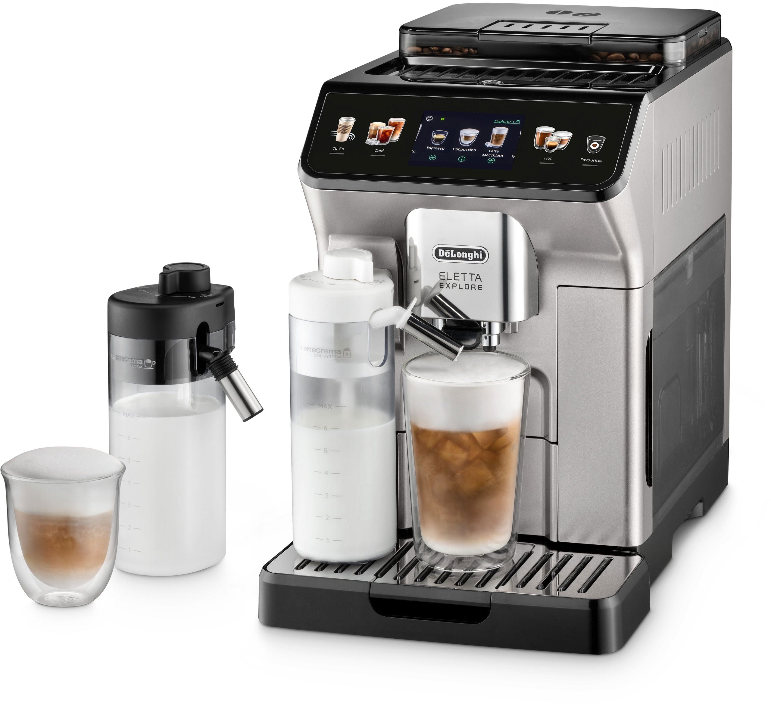 Kaffeevollautomat ECAM 450.55.S ELETTA EXPLORE Kegelmahlwerk, TFT Touch Display, 300 g 1,8 l 19 bar, Milchbehälter, einstellbarer Mahlgrad, LatteCrema System - Schwarz/Silber