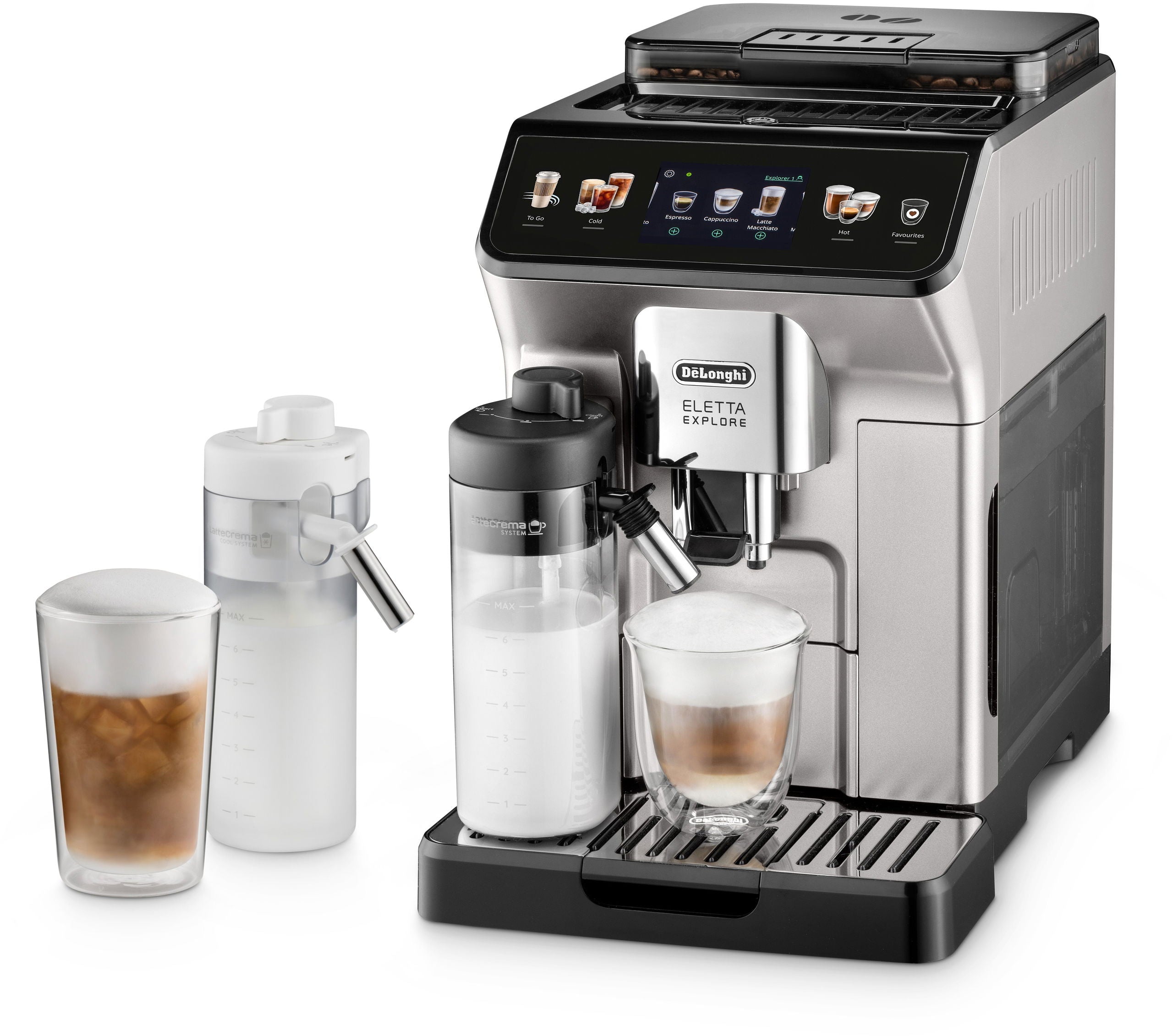 Kaffeevollautomat ECAM 450.55.S ELETTA EXPLORE Kegelmahlwerk, TFT Touch Display, 300 g 1,8 l 19 bar, Milchbehälter, einstellbarer Mahlgrad, LatteCrema System - Schwarz/Silber