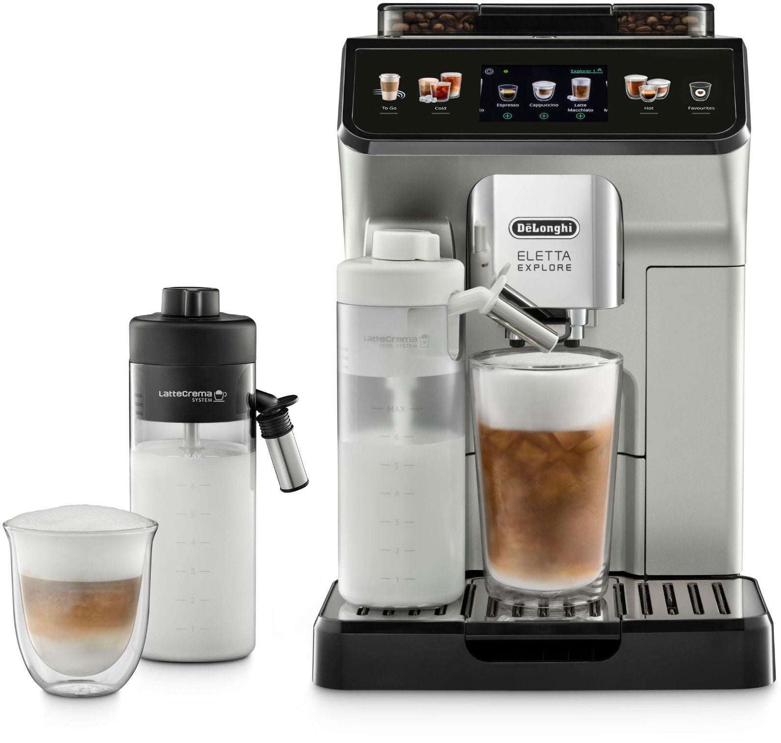 Kaffeevollautomat ECAM 450.55.S ELETTA EXPLORE Kegelmahlwerk, TFT Touch Display, 300 g 1,8 l 19 bar, Milchbehälter, einstellbarer Mahlgrad, LatteCrema System - Schwarz/Silber
