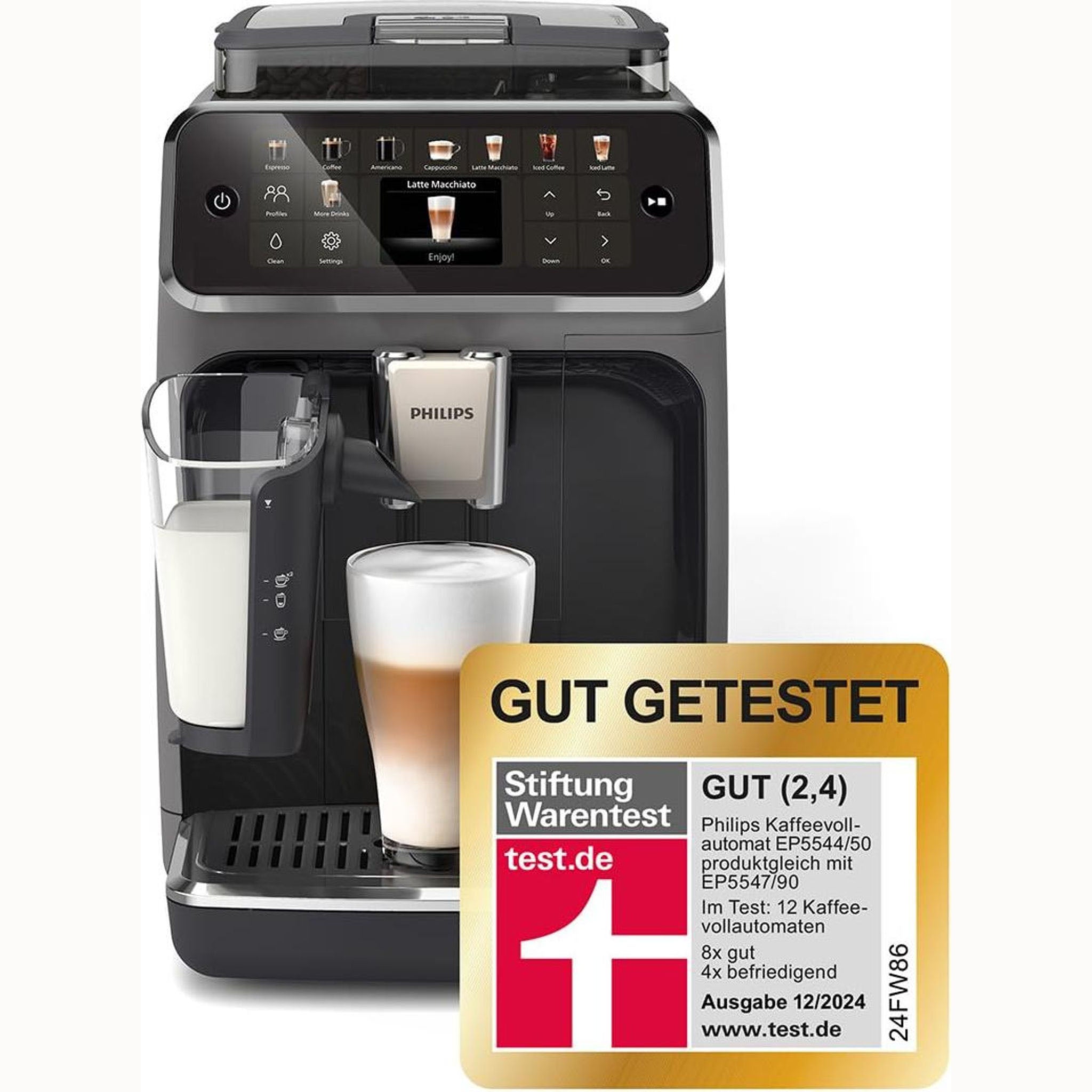 Kaffeevollautomat EP5544/50 5500 Series Matt-Schwarz, 20 Kaffeespezialitäten (heiß oder eisgekühlt), LatteGo-Milchsystem, SilentBrew Technologie
